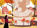 Illustration of a woman holding a key, standing in front of a large bust statue surrounded by flowers on a college campus during autumn.