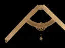 An antique brass plumb level with engraved markings, a curved scale, and a hanging plumb bob against a black background.