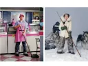Two photos of the same woman, one as a store worker the other as an Arctic explorer