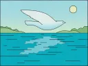 Minimalist dove flying above a lake with its reflection below and sun overhead