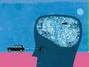 Silhouette of a head filled with a street map, with a taxi driving into the brain