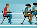 Students writing at desks on wheels, racing ahead of a stationary student at a fixed desk