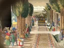 Perspective view of a train on tracks lined by trees, surrounded by colorfully dressed onlookers.