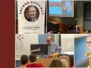 Four images: A poster announcing Arthur Kleinman's retirement; a photograph of him speaking at a podium in a packed auditorium; a bobblehead of Harry Lewis, wearing glasses and a long brown coat; and Harry Lewis at a classroom podium, smiling 