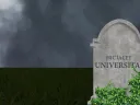 Headstone reading "Here Lies University" in Latin