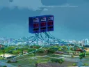 A computer bank, hovering ove a city, with electric wires coming out from the bottom and attaching themselfs into the city