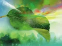 An illustration of a green leaf being hit by a beam of light and bouncing off the leaf and then becoming a color prisim