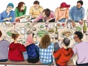 A color illustration of students from a diversity of backgrounds eating and talking together at a long dining hall-type table 