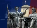 rendered portraits of the Alma Mater and John Harvard statues against the White House in the background
