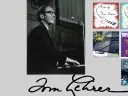Montage of Tom Lehrer performing at a piano; his signature; and several album covers