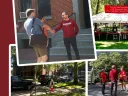 A collage showing Harvard president Alan M. Garber greeting new students on campus, shaking hands, gathered students and families in the Yard, and orientation setup