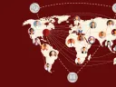 Illustrated world map showing people connected across countries with icons for ideas, research, and communication.