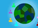 Stylized Earth surrounded by six colorful human icons on a blue background