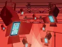 Student walking under bright stage lights shaped like smartphones displaying social media apps.