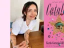 Karla Cornejo Villavicencio smiling beside the pink cover of her novel "Catalina" featuring a jeweled star and eye.