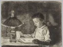 A drawing of a young boy reading by lamplight.