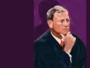 An illustrative portrait of Justice Roberts in a black robe, resting his chin on his hand.
