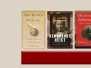 Three book covers arranged in a row on a beige background with a red border.