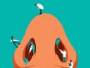 Illustration of tiny doctors working inside a large nose against a turquoise background.