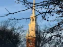 Historic church steeple framed by bare tree branches against a clear sky.