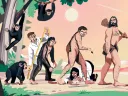 Evolutionary progression from primates to humans in a colorful illustration.