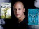 A bald man in a black shirt with two book covers beside him, one titled "The Magicians" and the other "The Bright Sword."
