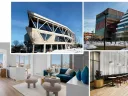 Modern campus collage: Rubenstein Treehouse Conference Center, One Milestone labs, Verra apartment, and co-working space.