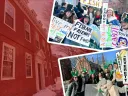 Students holding colorful protest signs on a college campus, expressing enthusiasm and unity.