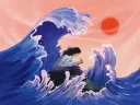 Illustration of a person sitting on a large cresting wave, writing, with a sunset and ocean waves in vibrant colors.