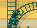A person climbs a curved ladder against a colorful background and four vertical ladders.