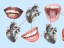 An illustration depicting a series of mouths and heart organs connected by lines, indicating the link between oral hygiene and heart health