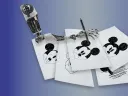 A mechanical hand representing AI copies images of Disney's Mickey Mouse