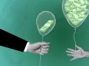 An illustration of interest rates rising, with two hands holding balloons full of money