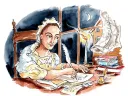 Mercy Otis Warren in period attire writes at a desk by candlelight, surrounded by books.