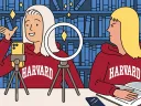 Illustration of two students in Harvard hoodies, one speaking animatedly to a phone, the other reading, looking annoyed.