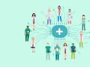Illustration of diverse healthcare professionals around a central medical cross symbol.