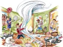 A chaotic scene in a messy room with people engaging in various activities, some cleaning.