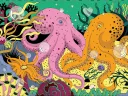 Two colorful octopuses swim among vibrant coral and sea life in a lively underwater scene.