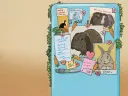 A blue refrigerator covered with animal pictures, notes, and drawings, surrounded by greenery.
