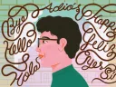 A profile illustration of a man surrounded by colorful, whimsical text in multiple languages.
