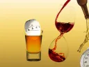 A timer, glass of beer, wine glass pouring red liquid, and stopwatch against a gold background.
