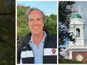Smiling man in a Harvard jacket alongside a clock tower with green dome against the sky.