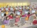 A busy classroom filled with students working at computers, colorful decor, and a bright atmosphere.