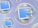 Computers with hands emerging, enclosed in translucent bubbles against a pastel background.