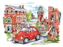A vibrant illustration of a red car parked, surrounded by cheerful people and historic buildings.
