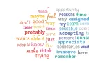 Colorful word cloud with various emotions and ideas related to learning and reflection.