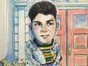 Caricature of a young man in front of red doors, wearing a green striped sweater.