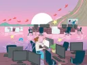 A flooded office scene with computers, a woman working, and a pink sunset backdrop.