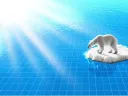 An illustration of a polar bear on an ice cap surrounded by melt