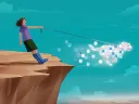 A girl in blue boots stands on a cliff, holding a leash attached to a glowing, digital dog.